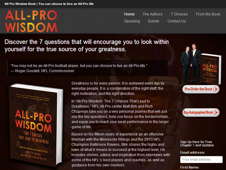 All-Pro Wisdom Book Launch Website by Marketing Eco Integrates Social Media and Contact Management, Optmizes SEO, and Provides 24/7 Content Management via WordPress